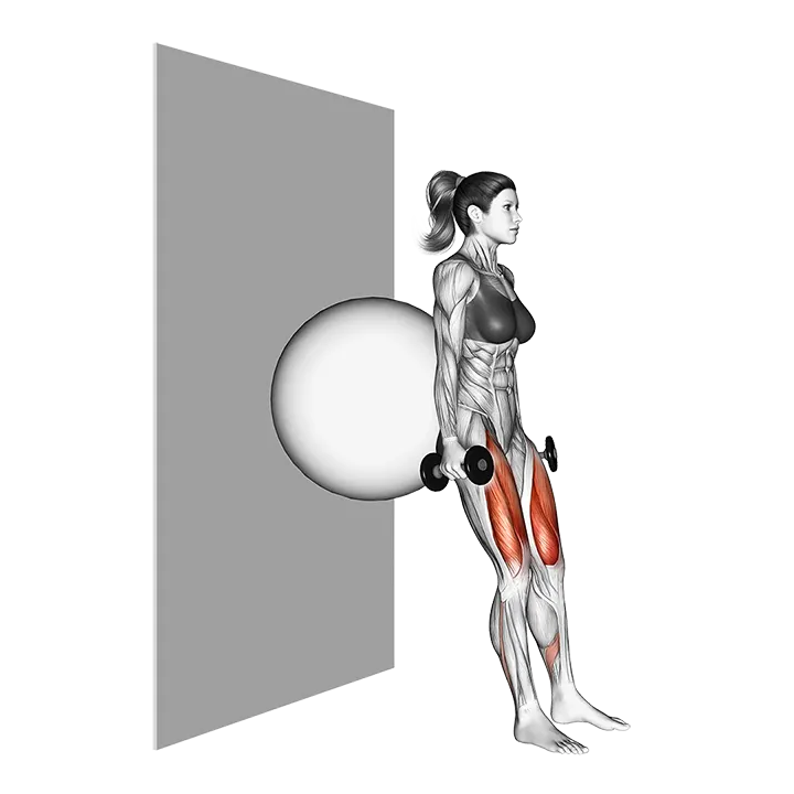 Dumbbell Squat (back on stability ball wall) exercise animation (Female)