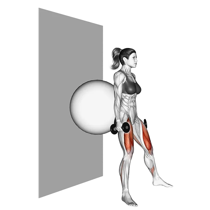 Dumbbell Sumo Squat (back on stability ball wall) exercise animation (Female)
