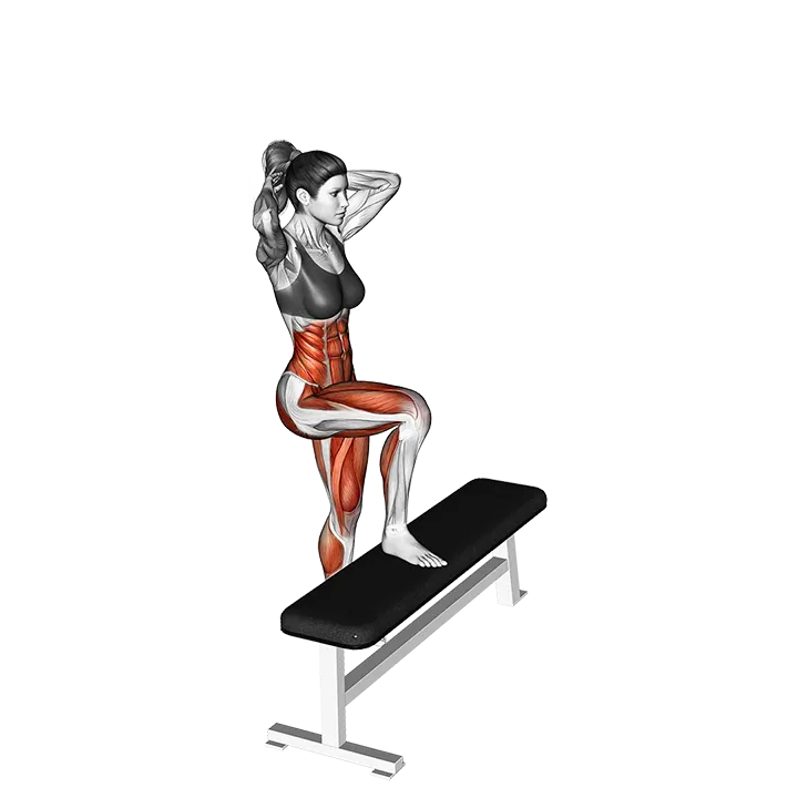 Step-up opposite elbow to knee twist exercise animation (Female)