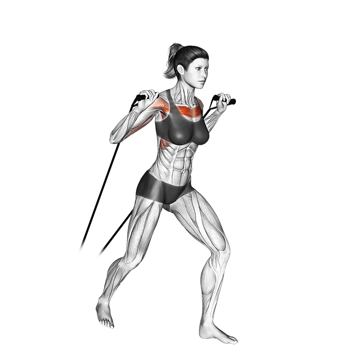 Band standing incline chest press exercise animation (Female)