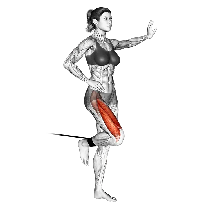 Band standing leg extension exercise animation (Weiblich)