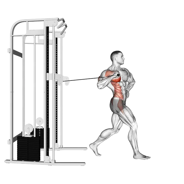 Cable twisting standing one arm chest press exercise animation (Male)