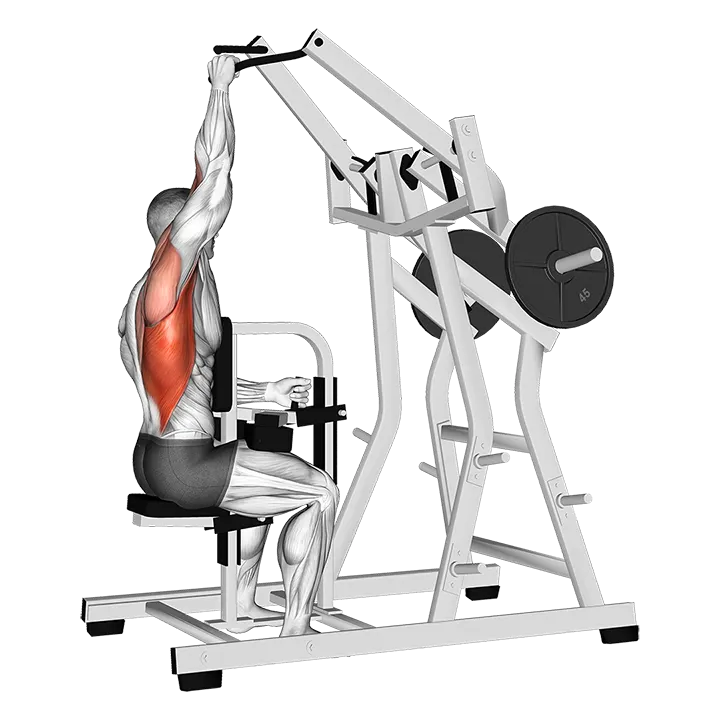 Lever One Arm Lateral Wide Pulldown (plate loaded) exercise animation (Male)