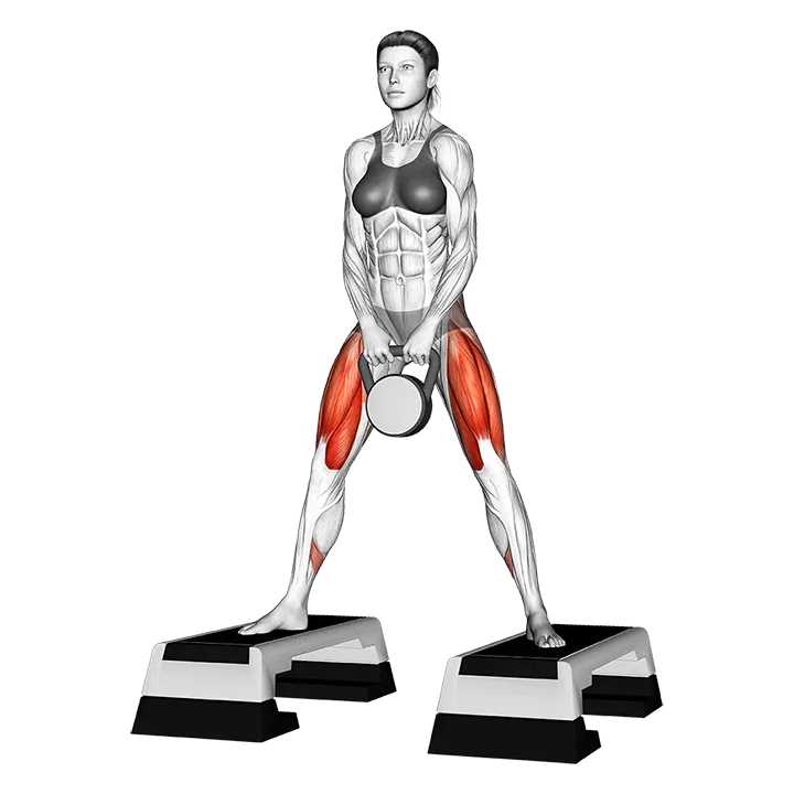 Kettlebell Dumbbell Sumo Squat off Stepbox exercise animation (Female)