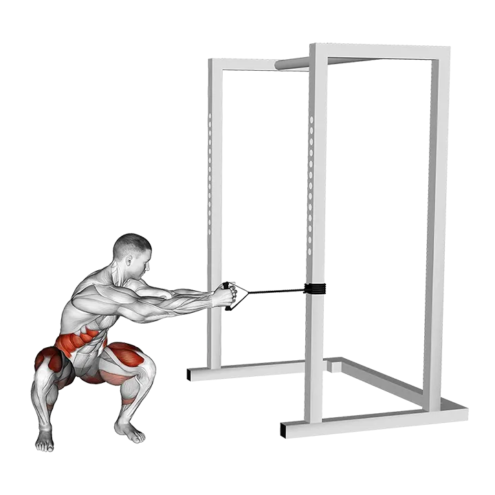Band Squat Twist exercise animation (Hombre)