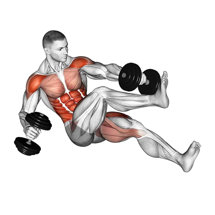 Dumbbell Seated Tuck Twisting Crunch on Floor exercise animation (Male)