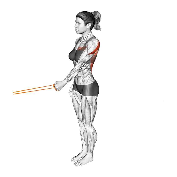Resistance Band Standing Single Arm Lateral Shoulder Extension exercise animation (Female)
